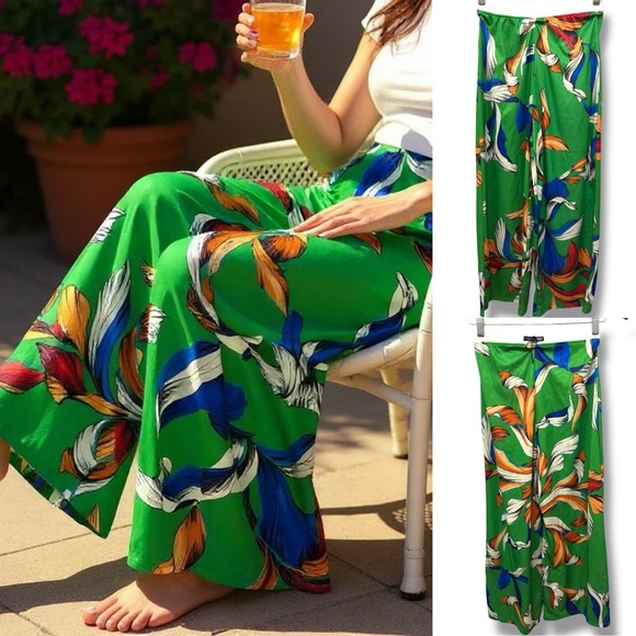 200 ZARA | EUC Turkey Elastic Waist Green Tropical Wide-Leg Pants (size S) - Picture 1 of 12